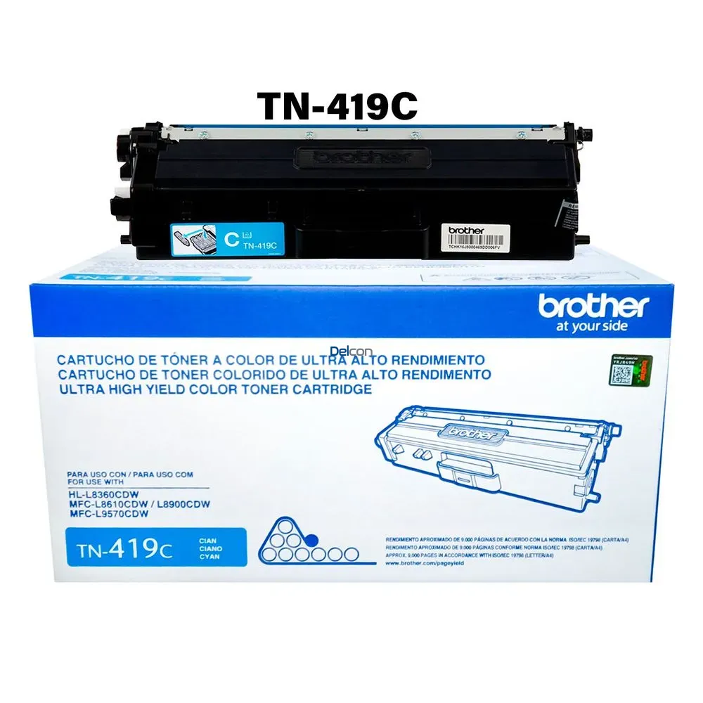 Cartucho De Tóner Brother TN419C Cyan, Para Impresoras Brother HL-L8360CDW / MFC-L8610CDW / MFC-L8900CDW / MFC-L9570CDW, Rendimiento 9.000 Páginas.