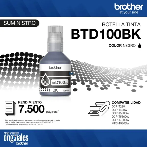 Botella De Tinta Brother BTD100BK DCP-T230 / DCP-T430W / DCP-T530DW / DCP-T730DW / DCP-T830DW / MFC-T930DW (108.0ml) Color Negro.