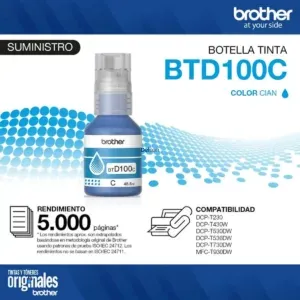 Botella De Tinta Brother BTD100C DCP-T230 / DCP-T430W / DCP-T530DW / DCP-T730DW / DCP-T830DW / MFC-T930DW (48.8ml) Color Cyan.