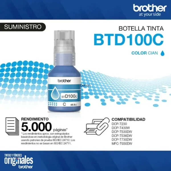 Botella De Tinta Brother BTD100C DCP-T230 / DCP-T430W / DCP-T530DW / DCP-T730DW / DCP-T830DW / MFC-T930DW (48.8ml) Color Cyan.