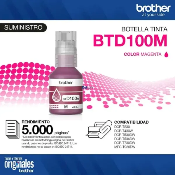 Botella De Tinta Brother BTD100M DCP-T230 / DCP-T430W / DCP-T530DW / DCP-T730DW / DCP-T830DW / MFC-T930DW (48.8ml) Color Magenta.