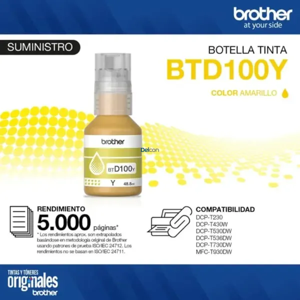 Botella De Tinta Brother BTD100Y DCP-T230 / DCP-T430W / DCP-T530DW / DCP-T730DW / DCP-T830DW / MFC-T930DW (48.8ml) Color Amarillo.