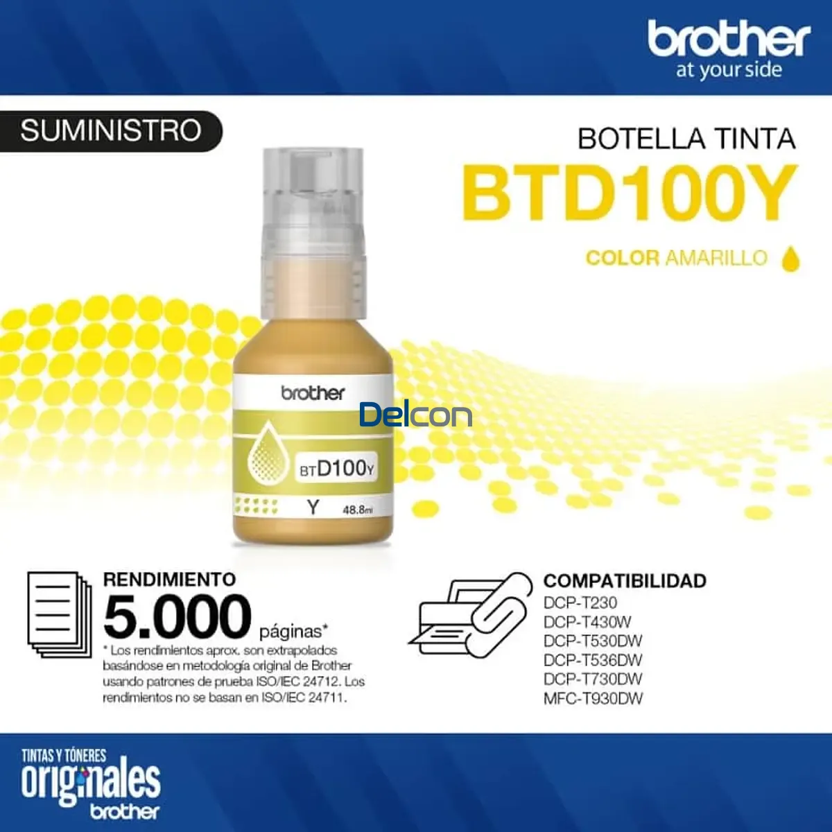 Botella De Tinta Brother BTD100Y DCP-T230 / DCP-T430W / DCP-T530DW / DCP-T730DW / DCP-T830DW / MFC-T930DW (48.8ml) Color Amarillo.