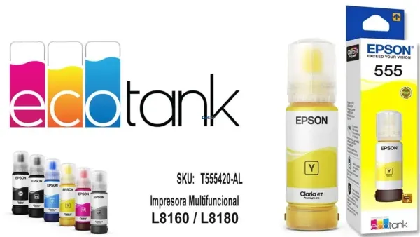 Botella De Tinta Epson T555420-AL [555] Color Amarillo, Para Impresoras Fotográficas Epson EcoTank L8160 / L8180, Rendimiento 6.200 Páginas.