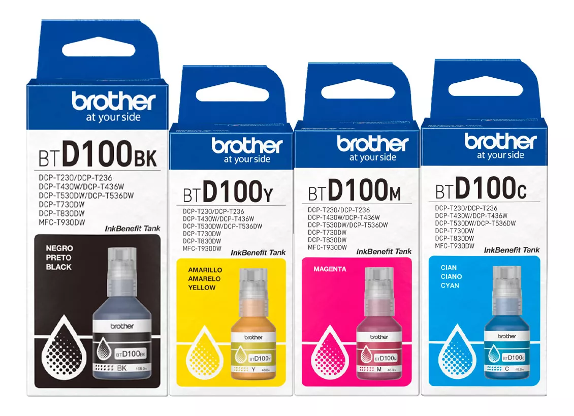 Tinta Brother BTD100CL-3PK & BTD100BK, Para Brother DCP-T230 / DCP-T430W / DCP-T530DW / DCP-T730DW / MFC-T930DW Color Negro Cyan Magenta Amarillo.