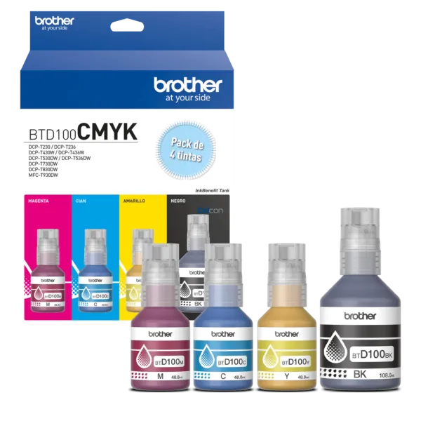 Tinta Brother BTD100CL-3PK & BTD100BK, Para Brother DCP-T230 / DCP-T430W / DCP-T530DW / DCP-T730DW / MFC-T930DW Color Negro Cyan Magenta Amarillo.