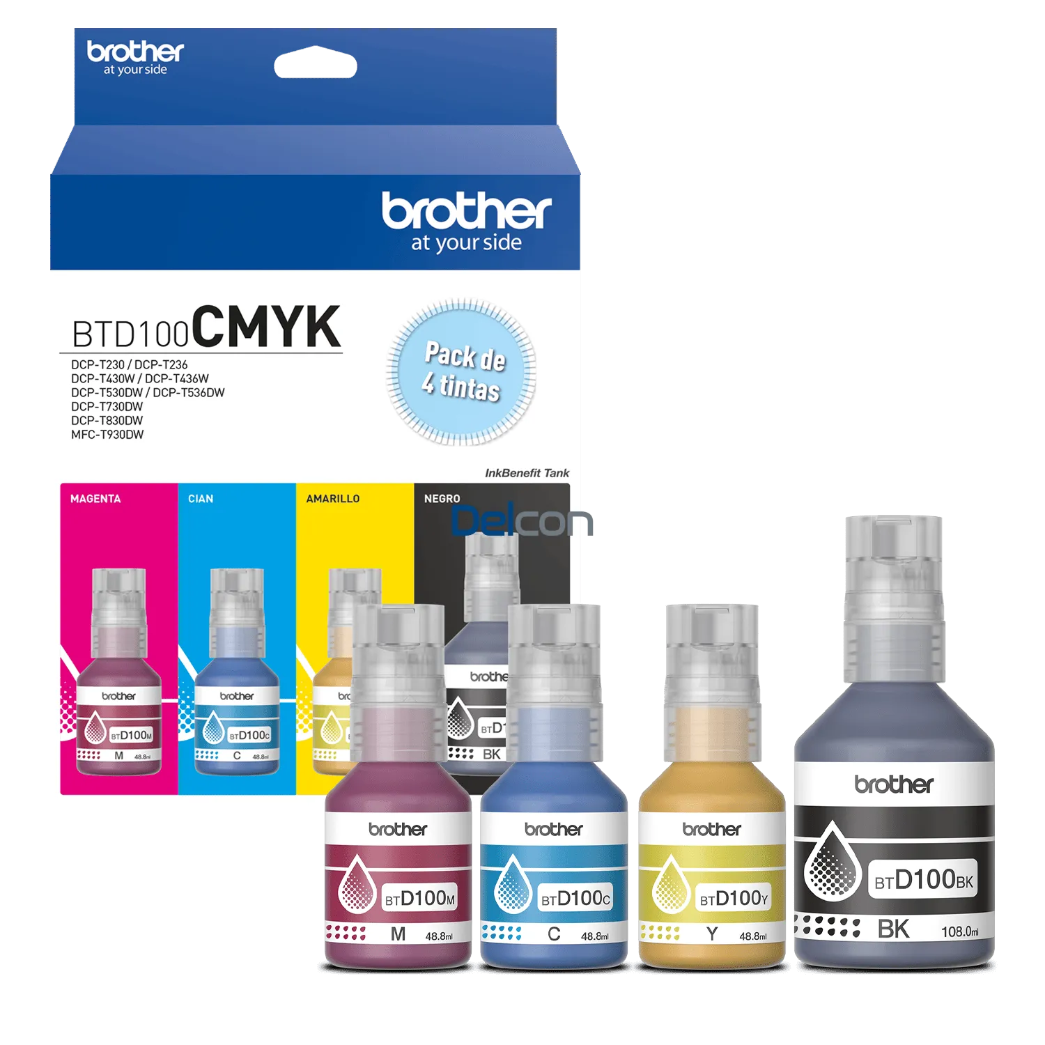 Tinta Brother BTD100CL-3PK & BTD100BK, Para Brother DCP-T230 / DCP-T430W / DCP-T530DW / DCP-T730DW / MFC-T930DW Color Negro Cyan Magenta Amarillo.