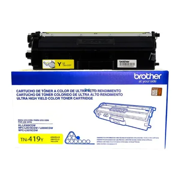 Cartucho De Tóner Brother TN419Y Amarillo, Para Impresoras Brother HL-L8360CDW / MFC-L8610CDW / MFC-L8900CDW / MFC-L9570CDW, Rendimiento 9.000 Páginas.