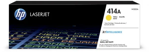 Cartucho De Tóner Hp W2022A 414A Amarillo, Para Impresoras Hp LaserJet Pro M454dw / M455dn / MFP M479fdw / M480f, Rendimiento 2,100 Páginas.