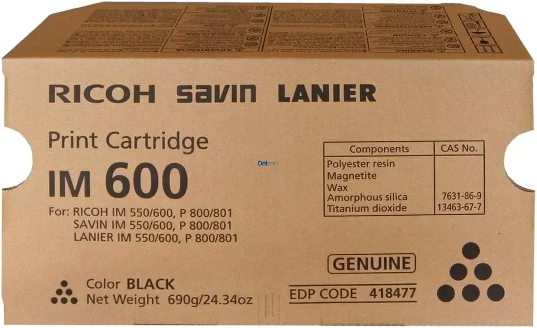 Cartucho De Tóner Original Ricoh 418477 (IM 600) IM 550 / IM 550F / IM 600 / IM 600F / IM 600SRF / P 800 / P 801 Black 25,500 Páginas