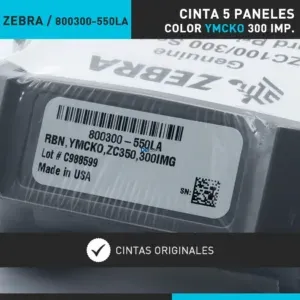 Cinta Ribbon Zebra 800300-550LA RBN, YMCKO, 300IMG, LA | Para Impresora De Fotochecks Zebra ZC100 / ZC300 Hasta 300 Imágenes.