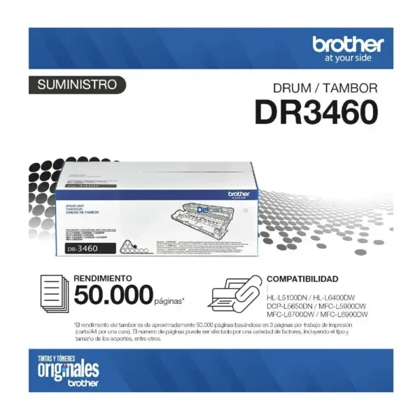 Unidad De Imagen Brother DR3460 Drum Unit, Para Impresoras Brother HL-L6400DW / DCP-L5650DN / MFC-L6700DW / MFC-L6900DW, Rendimiento 50.000 Páginas.