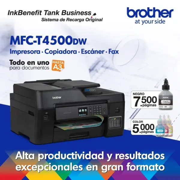 Impresora Brother MFC-T4500DW A3 Multifuncional, Funciones Impresión / Copia / Escaneado, ADF Dúplex, Con Pantalla LCD Táctil a Color De 2,7".