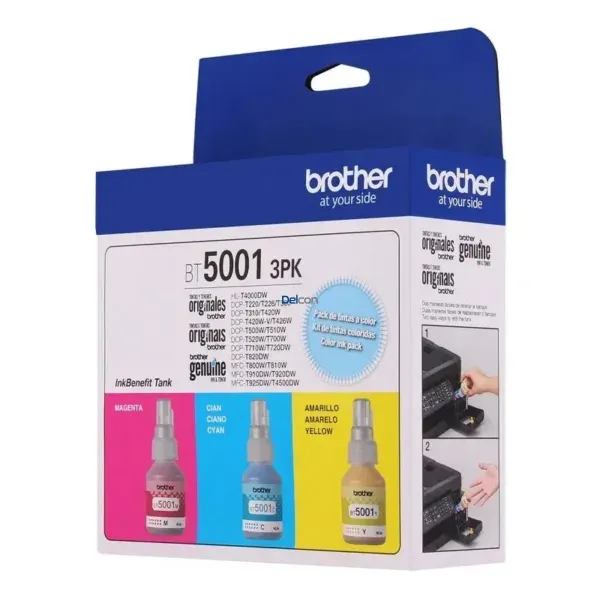 Pack Tintas Brother BT5001 3PK | BT5001C | BT5001M | BT5001Y | Color Cyan Magenta Amarillo. Para Impresoras Brother DCP-T420W-V / DCP-T426W / MFC-T4500DW.
