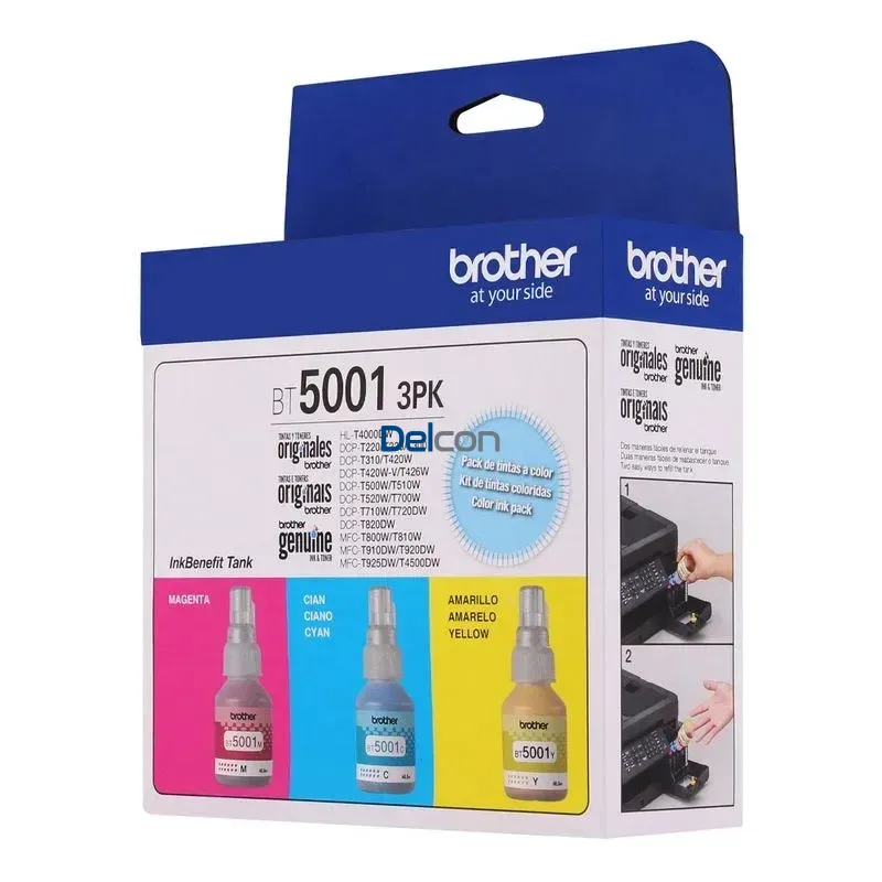 Pack Tintas Brother BT5001 3PK | BT5001C | BT5001M | BT5001Y | Color Cyan Magenta Amarillo. Para Impresoras Brother DCP-T420W-V / DCP-T426W / MFC-T4500DW.