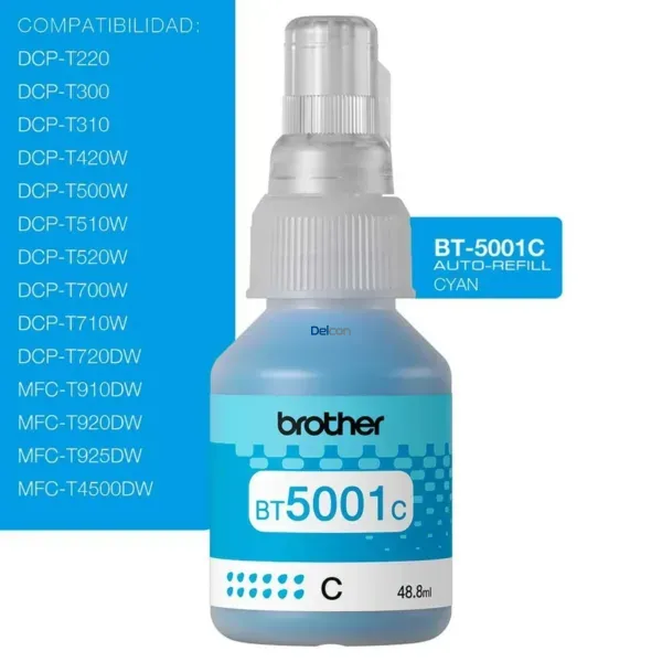 Tinta Brother BT5001C Cyan . Compatible Con Impresoras Brother T420W-V / T426W / T910DW / T920DW / T4500DW. Rendimiento 5.000 Páginas.