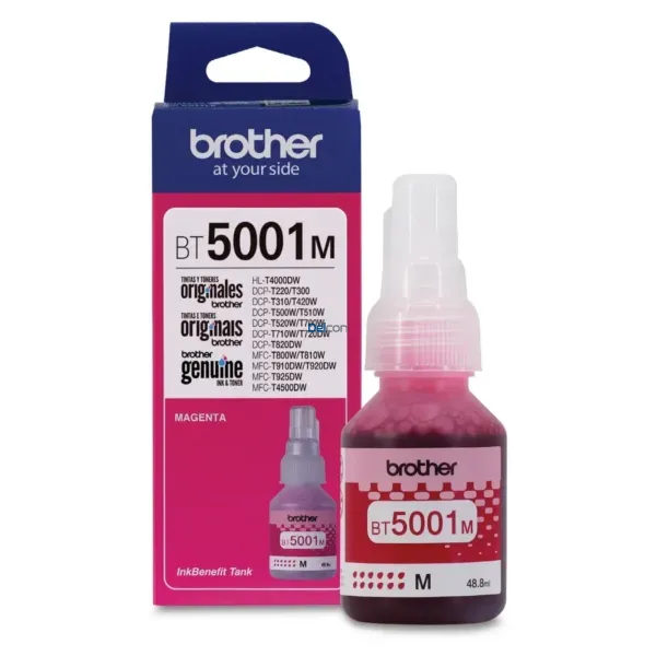 Tinta Brother BT5001M Magenta. Compatible Con Impresoras Brother T420W-V / T426W / T910DW / T920DW / T4500DW. Rendimiento 5.000 Páginas.