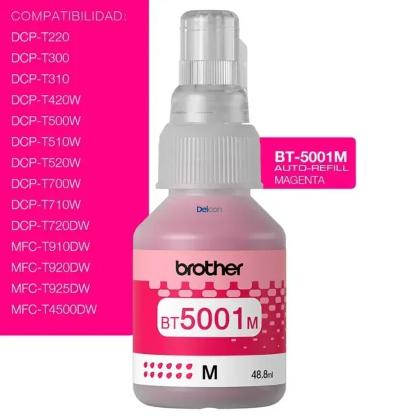 Tinta Brother BT5001M Magenta. Compatible Con Impresoras Brother T420W-V / T426W / T910DW / T920DW / T4500DW. Rendimiento 5.000 Páginas.