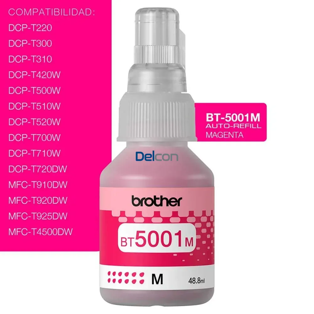 Tinta Brother BT5001M Magenta. Compatible Con Impresoras Brother T420W-V / T426W / T910DW / T920DW / T4500DW. Rendimiento 5.000 Páginas.
