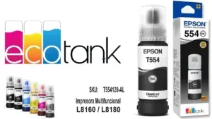 Tinta Epson T554120-AL [554] (BK) Color Negro Pigmentado, Para Impresoras Fotográficas Epson EcoTank L8160 / L8180, Rendimiento 6.800 Páginas.