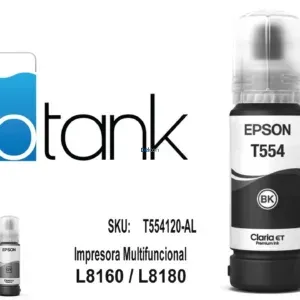 Tinta Epson T554120-AL [554] (BK) Color Negro Pigmentado, Para Impresoras Fotográficas Epson EcoTank L8160 / L8180, Rendimiento 6.800 Páginas.