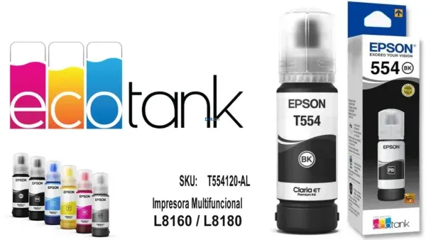 Tinta Epson T554120-AL [554] (BK) Color Negro Pigmentado, Para Impresoras Fotográficas Epson EcoTank L8160 / L8180, Rendimiento 6.800 Páginas.
