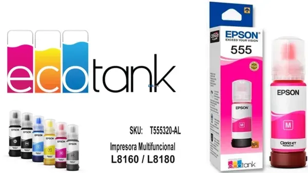 Botella De Tinta Epson T555320-AL [555] Color Magenta, Para Impresoras Fotográficas Epson EcoTank L8160 / L8180, Rendimiento 6.200 Páginas.