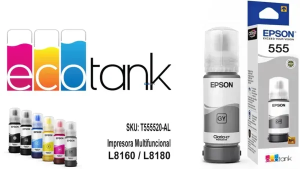 Botella De Tinta Epson T555520-AL [555] Color Gris, Para Impresoras Fotográficas Epson EcoTank L8160 / L8180, Rendimiento 6.200 Páginas.