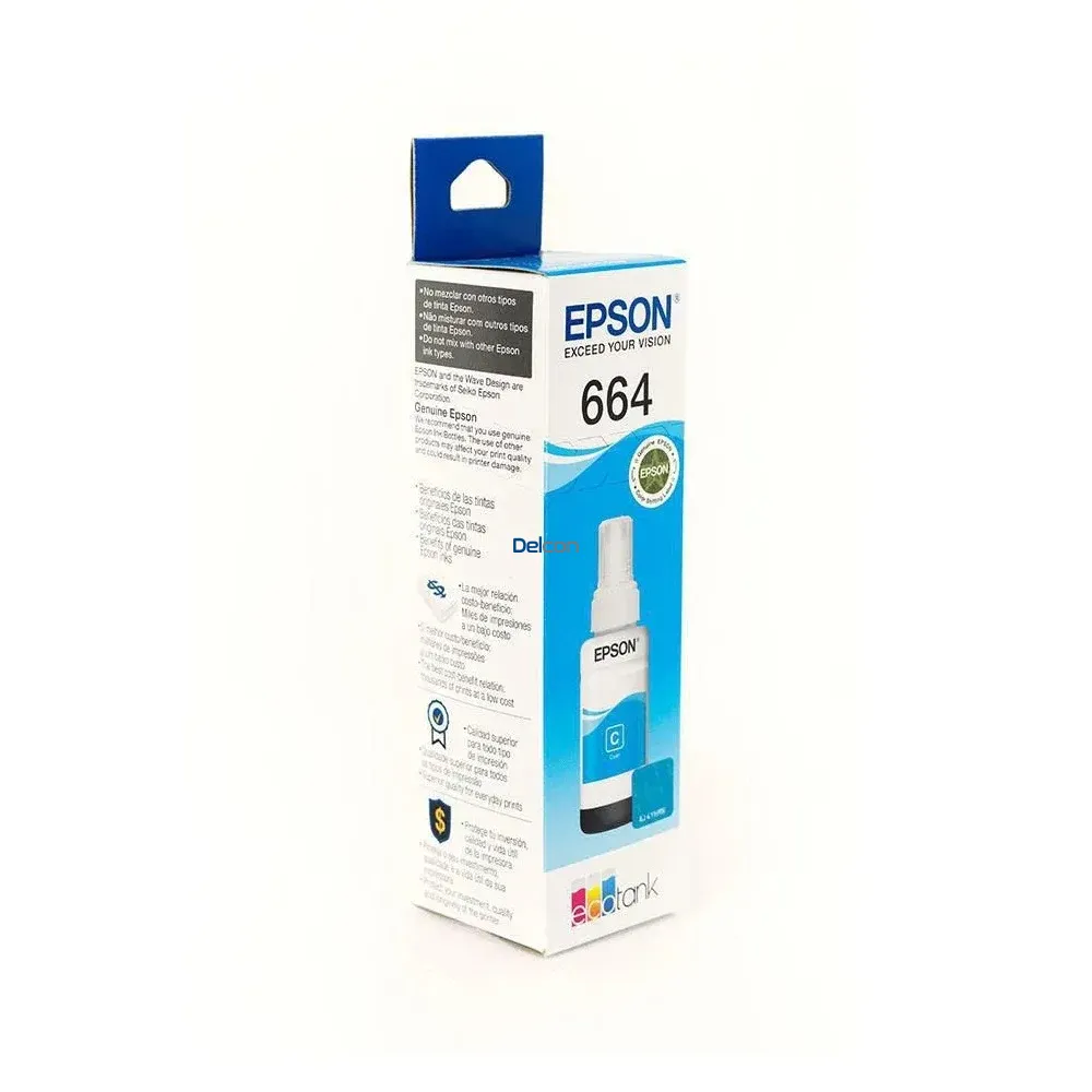 Tinta Epson T664220-AL EcoTank L210 / L220 / L310 / L350 / L365 / L380 / L395 / L455 / L475 / L495 / L575 Color Cyan, Rendimiento 4.000 Páginas.
