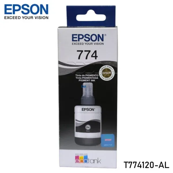 Tinta Epson T774120-AL [774] Negro, Para Impresoras Epson EcoTank L606 / L655 / L656 / L1455 / WorkForce M100 / M105 / M200 / M205, Rendimiento 6.000 Páginas.