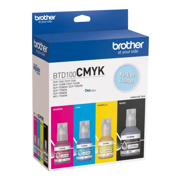 Tinta Brother BTD100CL-3PK & BTD100BK, Para Brother DCP-T230 / DCP-T430W / DCP-T530DW / DCP-T730DW / MFC-T930DW Color Negro Cyan Magenta Amarillo.