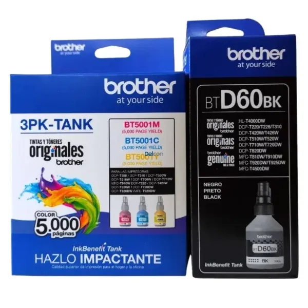 Tinta Brother BTD60BK | BT5001C | BT5001M | BT5001Y Color Negro Cyan Magenta Amarillo. Para Impresora Brother HL-T4000DW / T420W-V / T426W / T4500DW.