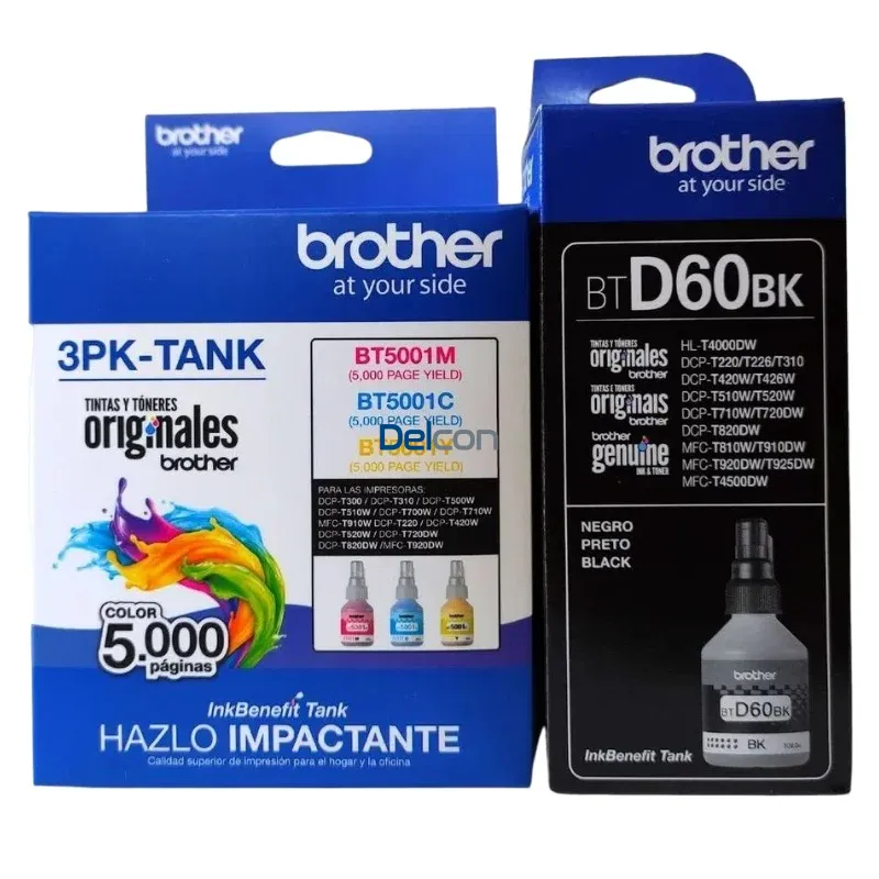 Tinta Brother BTD60BK | BT5001C | BT5001M | BT5001Y Color Negro Cyan Magenta Amarillo. Para Impresora Brother HL-T4000DW / T420W-V / T426W / T4500DW.