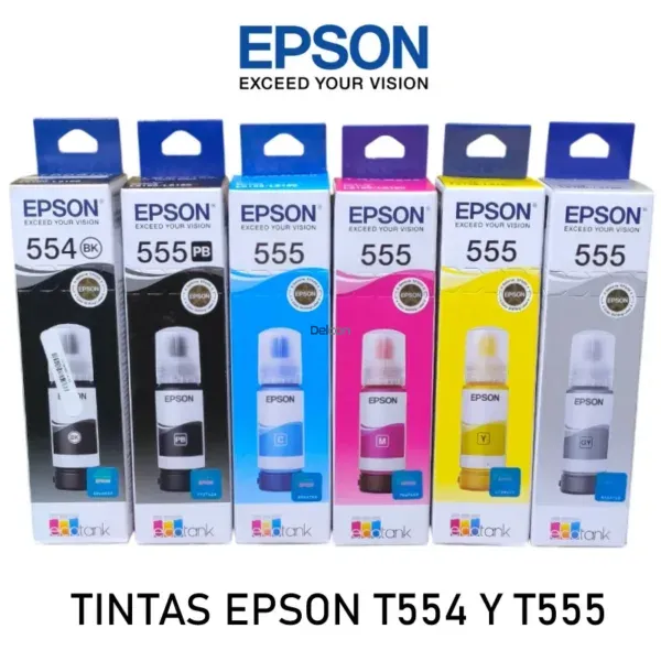 Tintas Epson T554 & T555 EcoTank L8160 / L8180 Color Negro Pigmentado, Negro Foto, Cyan, Magenta, Amarillo, Gris