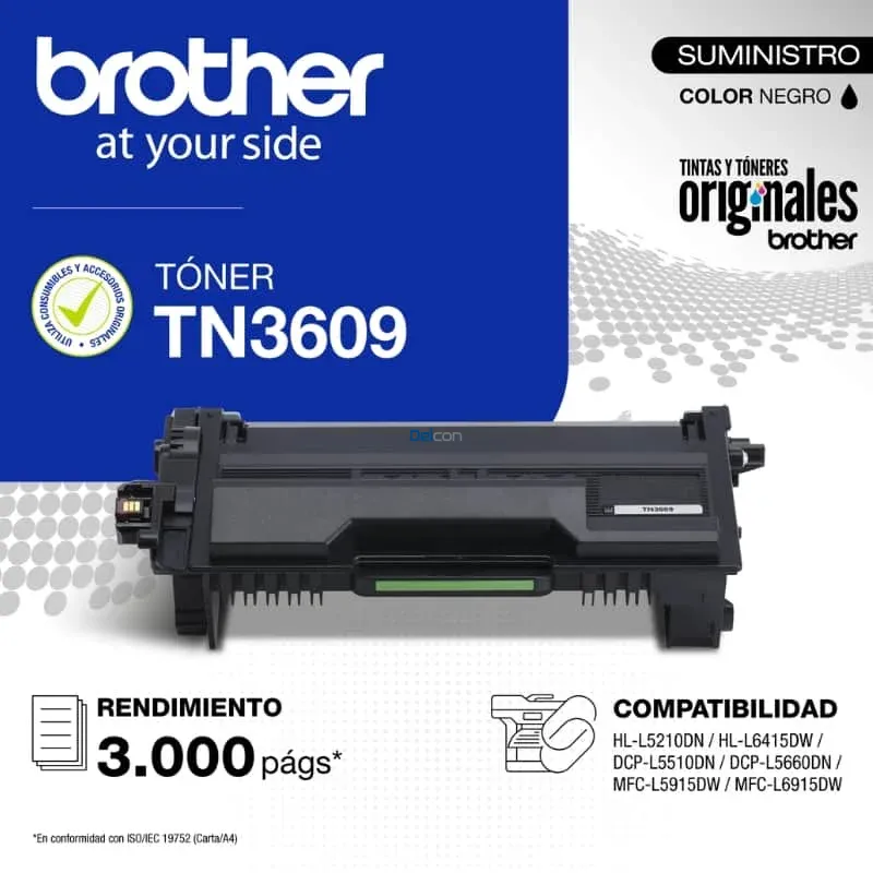 Cartucho De Toner Brother TN3609 Black, Para Impresoras Brother DCP-L5510DN / DCP-L5660DN / MFC-L5915DW / MFC-L6915DW, Rendimiento 3.000 Páginas.