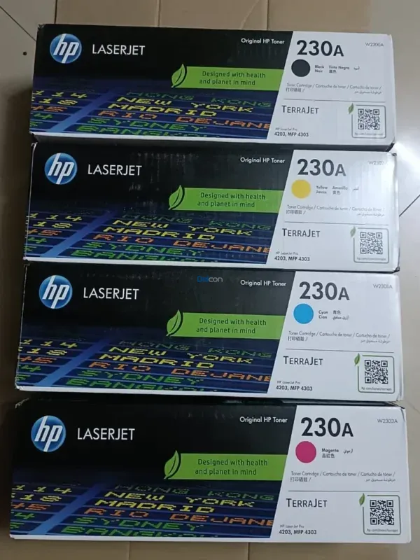 Toner Hp 230A [W2300A] [W2301A] [W2302A] [W2303A] Para Impresoras HP Color LaserJet Pro 4203dw / MFP 4303fdw, Color Negro Cyan Magenta Amarillo.