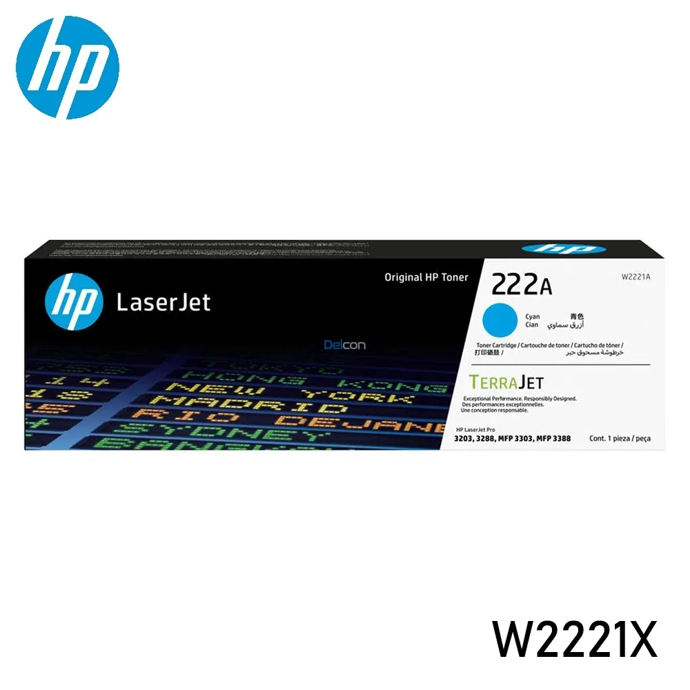 Tóner Hp W2221X 222X Cyan, Para Impresoras Hp LaserJet Pro 3203dw / 3204dw / MFP 3303fdw / 3288dw / 3388fdw / 3388sdw, Rendimiento 2.500 Páginas.