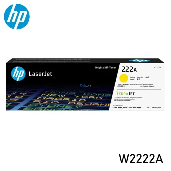 Tóner Hp W2222A 222A Amarillo, Para Impresoras Hp LaserJet Pro 3203dw / 3204dw / MFP 3303fdw / 3288dw / 3388fdw / 3388sdw, Rendimiento 1.200 Páginas.