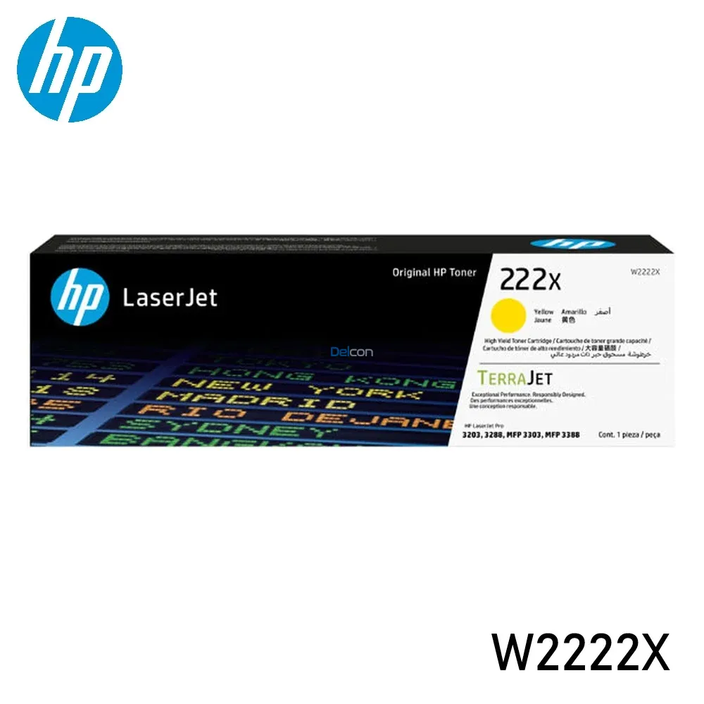 Tóner Hp W2222X 222X Amarillo, Para Impresoras Hp LaserJet Pro 3203dw / 3204dw / MFP 3303fdw / 3288dw / 3388fdw / 3388sdw, Rendimiento 2.500 Páginas.