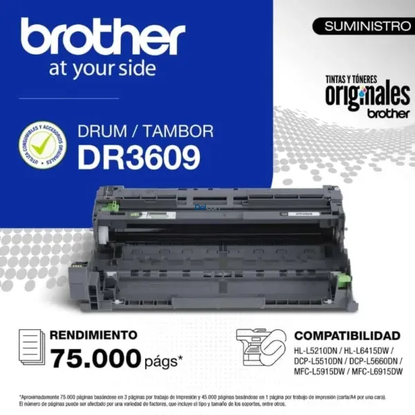 Unidad De Imagen Brother DR3609 Drum Unit, Para Impresoras Brother DCP-L5510DN / DCP-L5660DN / MFC-L5915DW / MFC-L6915DW, Rendimiento 75.000 Páginas.